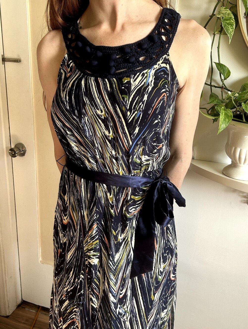 Women's Black Swirl Halter Maxi Dress with Belt